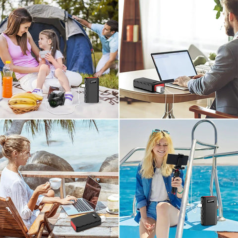 People using Go To 88Wh Portable Power Station With 24000mAh Battery For Camping And Home Use, 110V/65W AC Outlet in outdoor settings.