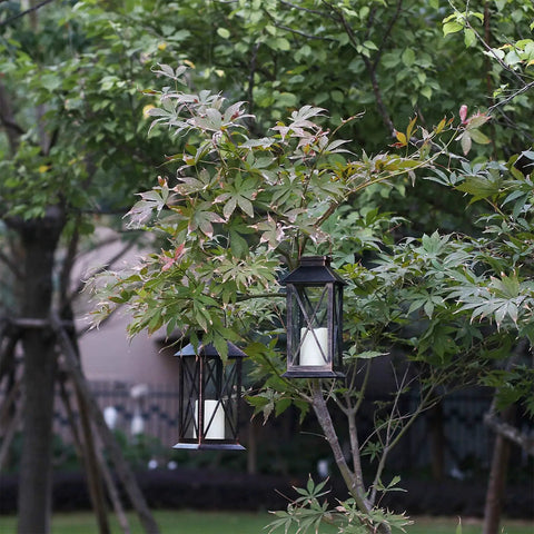 Outdoor Hanging Solar Lanterns Waterproof LED Lights For Porch Garden Patio Pathway Deck Yard Bronze Finish Two Pack in trees