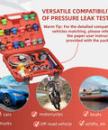 Front view of red plastic case containing 28-piece coolant vacuum refill kit with 23 radiator adapters, pressure gauge, and hoses