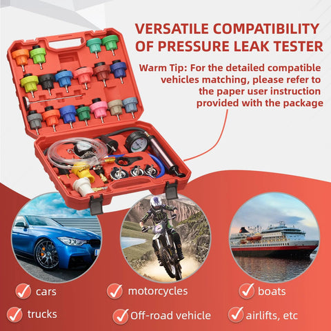 Front view of red plastic case containing 28-piece coolant vacuum refill kit with 23 radiator adapters, pressure gauge, and hoses