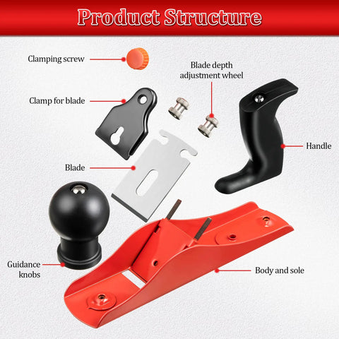 Adjustable Wooden Hand Planer Features An Extra Thick Steel Blade Barbell Depth Lock components including blade, handle, and body.