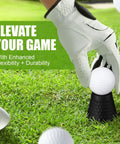 Gloved hand placing golf ball on black tee, Eight Piece Golf Tees Set For Indoor Simulator And Practice Mat Plastic Tees With Consistent Height From Quarter Inch To Two Inches In Quarter Inch Steps Flexible Durable Polymer For Steady Swings And Realistic Driving Range visible