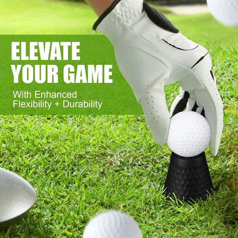 Gloved hand placing golf ball on black tee, Eight Piece Golf Tees Set For Indoor Simulator And Practice Mat Plastic Tees With Consistent Height From Quarter Inch To Two Inches In Quarter Inch Steps Flexible Durable Polymer For Steady Swings And Realistic Driving Range visible