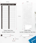 Breaker Panel Labels Kit With 10 Sheets And 7 Breaker Catalog Stickers Waterproof Durable Self Adhesive Electrical Labels For Circuit Breakers Black 42 Entries Per Catalog 126 Numbers Per Sheet Includes 3 Note Labels displayed on a table with tools.