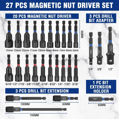 27 Piece Magnetic Nut Driver Kit With Quick Release Extensions, SAE And Metric Cr V Steel Drivers, includes adapters and holder