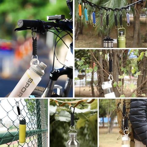 Collage of paracord keychain for men and women with carabiner and aluminum clip used in various outdoor settings