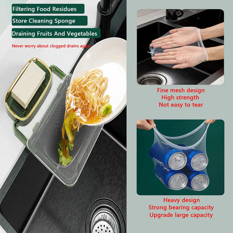 Foldable Kitchen Sink Strainer With Filter Rack collecting food waste, showcasing high strength fine mesh bags, sink use