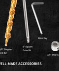 Pocket Hole Jig Set With Two Hole Jig Step Drill Bit Stop Collar Square Drive Bit Hex Key Adjustable And Hands On Easy To Use Joinery Kit For DIY Woodworking Projects Featuring Built In Metric Scale And Magnetic Base For Precise Drilling accessories including stepped drill bit, square drive bit, Allen key, and stop collar.