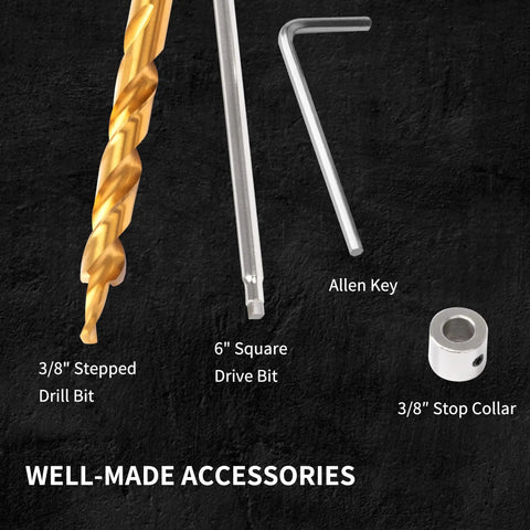 Pocket Hole Jig Set With Two Hole Jig Step Drill Bit Stop Collar Square Drive Bit Hex Key Adjustable And Hands On Easy To Use Joinery Kit For DIY Woodworking Projects Featuring Built In Metric Scale And Magnetic Base For Precise Drilling accessories including stepped drill bit, square drive bit, Allen key, and stop collar.