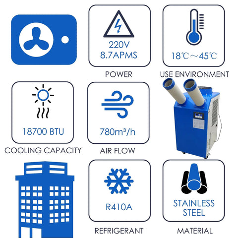 Heavy Duty Portable Air Conditioner 18,700 BTU Industrial Spot Cooler with 780 m3/h Airflow 220V features cooling capacity, airflow, and stainless steel.