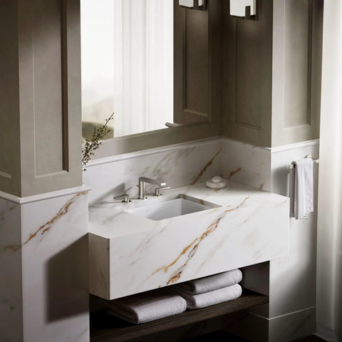 Top Shelf Rectangular Undermount Bathroom Sink In Crisp White Vitreous China With Sleek Geometric Lines And Zero Hassle Wall Counter Installation For That Fresh Modern Look