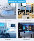 Application scenarios for 24GHz MmWave Human Motion Sensor With FMCW Radar include smart home, presence detection, smart office, screen sensing.