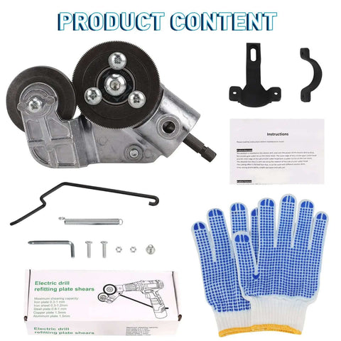 Fast Cutting Metal Nibbler Drill Attachment for Electric Drills with accessories and gloves, ideal for sheet metal cutting.