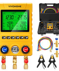 Digital HVAC Manifold Gauge Set with temperature probes, three hoses, pressure readouts for refrigerant recharge, professional kit