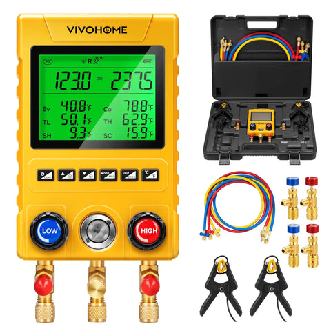Digital HVAC Manifold Gauge Set with temperature probes, three hoses, pressure readouts for refrigerant recharge, professional kit