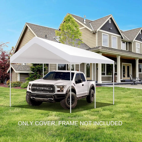 White Ten By Twenty Foot Upgraded Carport Canopy Cover Replacement Top Only covering truck in yard, framework not included