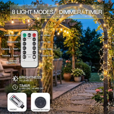 Grab These Super Cool Battery Operated Fairy Lights With Remote For Your Holiday Setup Featuring 33 Feet Of 100 LED Dimmable Twinkle String Lights Complete With Timer Waterproof Copper Wire Ideal For Bedroom Christmas Tree And Indoor Outdoor Decor In; remote with 8 modes displayed on patio archway with fairy lights.