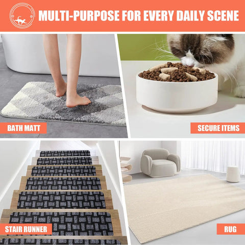 Collage showing Heavy Duty Double Sided Carpet Tape For Rugs And Carpets used on bath mats, stair runners, and securing bowls on tables.