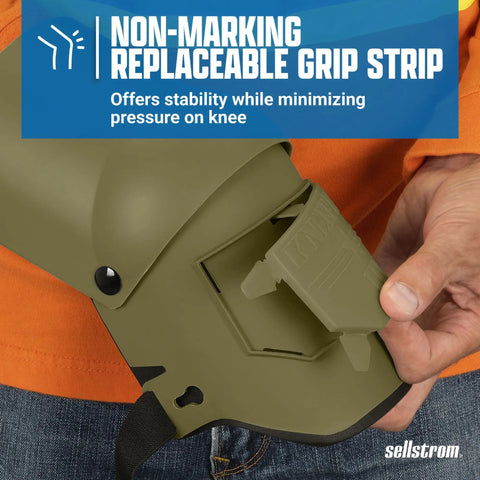 Person inserting grip strip into Ultra Flex III KneePro Knee Pads With Triple Layer Foam Cushioning, heavy duty outer shell visible