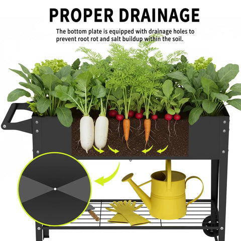32 Inch Tall Raised Garden Bed With Wheel Planter Box showing plants, ergonomic handle, and dual-layer drainage system