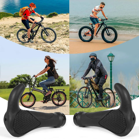 Collage of cyclists on various terrains with Lock On Mountain Bike Grips With Bar Ends and ergonomic grippy rubber handles displayed.