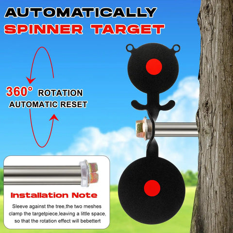 Three Piece BB Gun Target Set With Rotating Metal Animal Silhouettes Bear Bird And Rooster Spinner Targets For Rifle Airgun Slingshot Practice In The Backyard Outdoor Shooting Range mounted on tree demonstrating 360-degree spin.