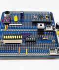 Large Gold Plated Solderable Breadboard Prototype Kit For DIY Electronics Projects Compatible With Arduino Nano ESP8266 NodeMCU 6 Pack Blue showing components on blue board