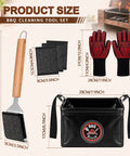 Six-Piece Bristle-Free Grill Cleaning Kit with brush, gloves, and foldable bucket dimensions for BBQs and camping.