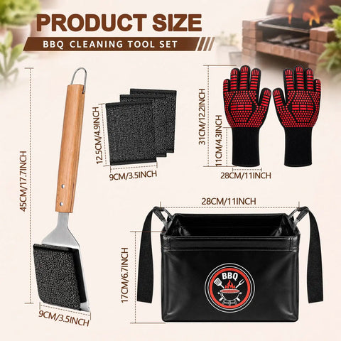 Six-Piece Bristle-Free Grill Cleaning Kit with brush, gloves, and foldable bucket dimensions for BBQs and camping.