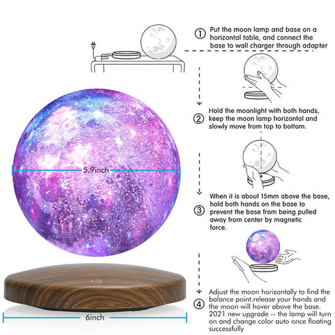 Floating Moon Lamp With 18 Colors, 5.9 Inch Magnetic Levitation Night Light That Spins In Air shown with instructions