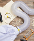 Dust Collection Kit With Heavy PVC 4 Inch Hose 10 Ft Long, 4 Hose Clamps And Dust Bag, tools on wooden surface