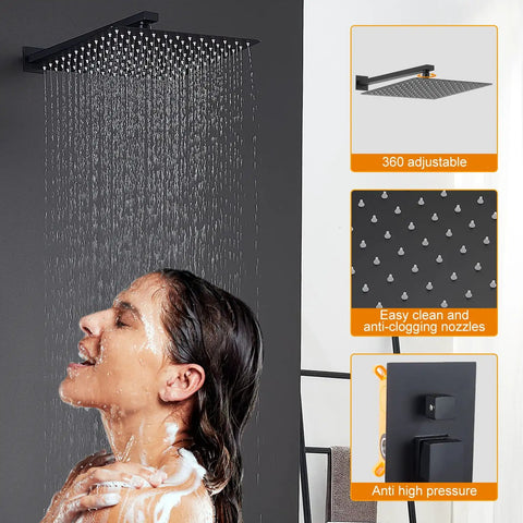 12 Inch Luxury Black Wall Mounted Shower System With Rain Mixer Complete Shower Faucet Set Rainfall Head Handheld Sprayer Easy Install Modern Bathroom Upgrade Matte Black Finish