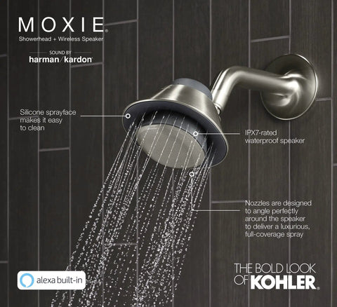 Moxie Alexa Enabled Showerhead With Dope Bluetooth Speaker And Radio Waterproof IPX7 Rated Shower Speaker with water spray