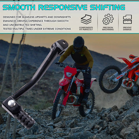 CNC Aluminum Folding Gear Shifter Lever For Dirt Pit Bikes Go To 50cc To 125cc 2 Inch Foldable Shift Arm shown on bike trail