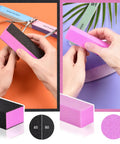 Pro Grade At Home Nail Care Kit With 3 Files And Buffers Cuticle Nipper Pusher Fork Rose Oil 15ml shown with pink buffer block