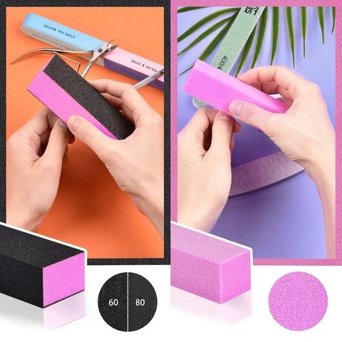 Pro Grade At Home Nail Care Kit With 3 Files And Buffers Cuticle Nipper Pusher Fork Rose Oil 15ml shown with pink buffer block