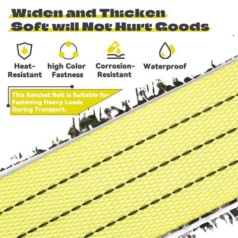 Heavy Duty E Track Ratchet Straps 8 Pack Tie Down Cargo Slings 2X15 Feet Yellow strap showing features like heat resistance and waterproof.