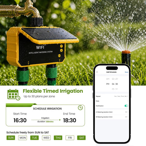 Solar Powered Smart Sprinkler Timer with WiFi for Garden Hose Dope Two Zone Irrigation System with rain sensor and app control