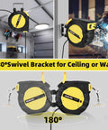 180° swivel bracket for 65 Ft Retractable Extension Cord Reel With 3 Grounded Outlets, Lighted Triple Tap, Heavy Duty 14 AWG SJTOW Cable, 13 Amp Breaker, Ceiling Or Wall Mount, UL Listed in garage and workshop settings