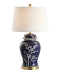 Traditional Ceramic Ginger Jar Table Lamp In White And Navy, Dope Chinoiserie Inspired Bedside Light With White Linen Shade, 29.5 Inch Tall, LED Bulb Included, ETL Listed For Safe Home Use.