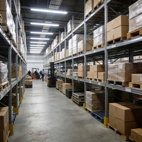 Warehouse with shelves and boxes containing AC To DC Power Supply Unit For Modular Control Systems Panel Mount Plug And Play.