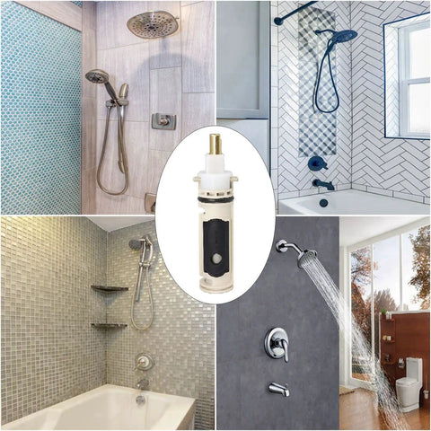 Collage of showers and No Fuss Easy Install Replacement Shower Cartridge For Posi Temp One Handle Faucets Tub And Shower Kit