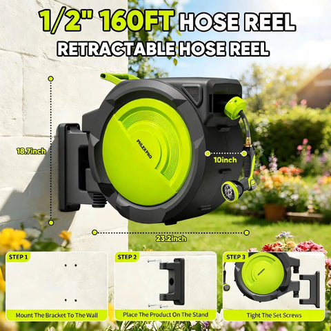 Heavy Duty Automatic Wall Mount Garden Hose Reel With 160 Feet Of Kink Free Auto Rewind Hose illustrated outdoors