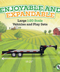 Flatbed Trailer With Gooseneck Hitch For Farm Toys And Toy Trucks, One To Twenty Scale Hauler With Back Ramps on farm backdrop