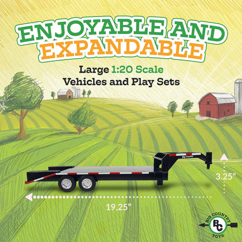 Flatbed Trailer With Gooseneck Hitch For Farm Toys And Toy Trucks, One To Twenty Scale Hauler With Back Ramps on farm backdrop
