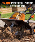 18 Inch Electric Garden Tiller With 9 Inch Tilling Depth, A Workhorse 15 Amp Corded Cultivator in action on soil