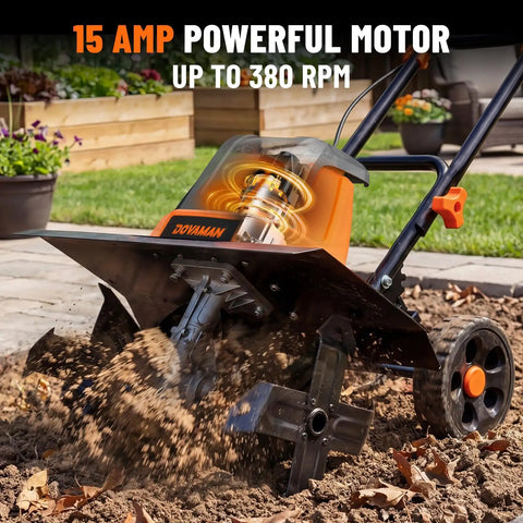 18 Inch Electric Garden Tiller With 9 Inch Tilling Depth, A Workhorse 15 Amp Corded Cultivator in action on soil