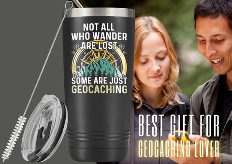 Geocaching Gift Tumbler For Adventurers 20 Oz Stainless Steel Insulated Tumbler With Lid And Straw shown by hikers