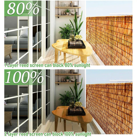 Reed Fence Roll Privacy Screen For Garden Balcony And Patio Outdoor Space Brown 4 Feet By 16.4 Feet Natural Bamboo Like Reed Fencing No Chemical Smell shows sunlight blocking comparison with 1 vs. 2 layers on balcony.
