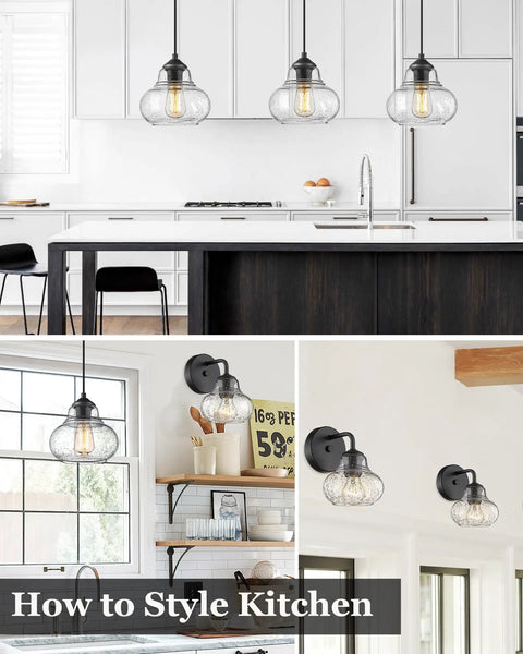 8 Inch Globe Pendant Light With Hand Blown Bubble Glass And Seeded Glass Details in modern kitchen setting